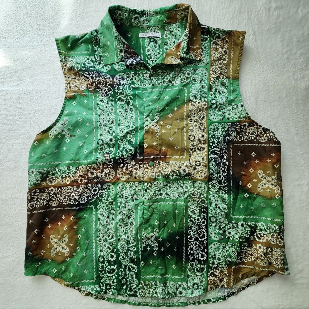 Zara Sleeveless Top Womens XL Green Paisley Snap Front Shirt Relaxed Fit Forest